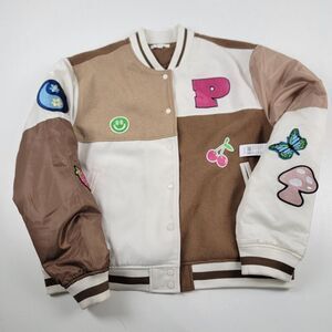 PacSun Brown Patchwork Letterman Varsity Bomber Jacket‎ Oversized M/L Unisex NWT